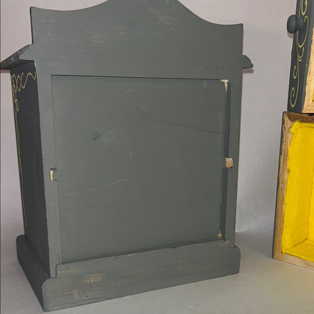 Hand-Made/Painted Gray Jewelry Box/Dollhouse 2 Drawer Dresser w/Neon Yellow Dsgn - Picture 5 of 16